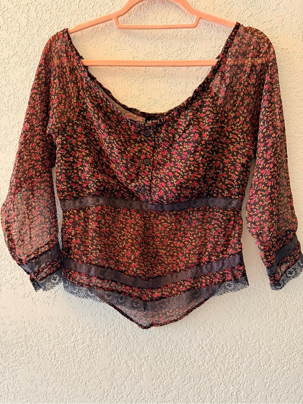 PASSPORT Women’s Sheer Long Sleeve Floral Print Lace Trim Crop Top Blouse Sz M